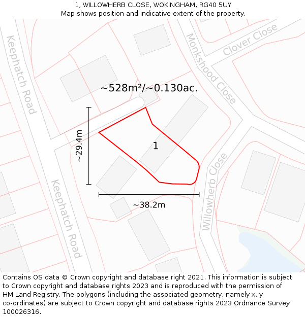 1, WILLOWHERB CLOSE, WOKINGHAM, RG40 5UY: Plot and title map