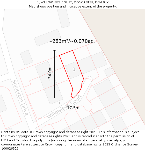 1, WILLOWLEES COURT, DONCASTER, DN4 6LX: Plot and title map