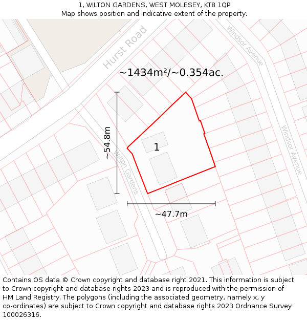 1, WILTON GARDENS, WEST MOLESEY, KT8 1QP: Plot and title map