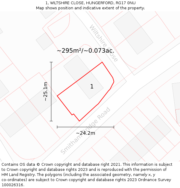 1, WILTSHIRE CLOSE, HUNGERFORD, RG17 0NU: Plot and title map