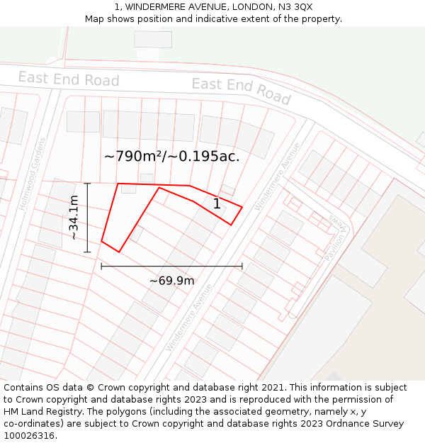 1, WINDERMERE AVENUE, LONDON, N3 3QX: Plot and title map