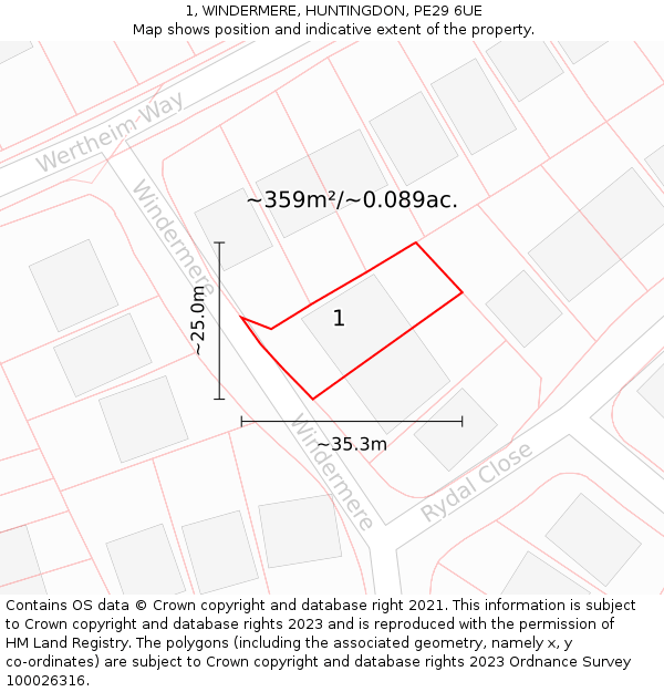 1, WINDERMERE, HUNTINGDON, PE29 6UE: Plot and title map