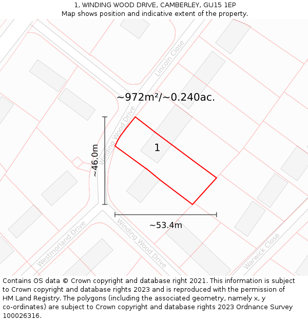 1, WINDING WOOD DRIVE, CAMBERLEY, GU15 1EP: Plot and title map