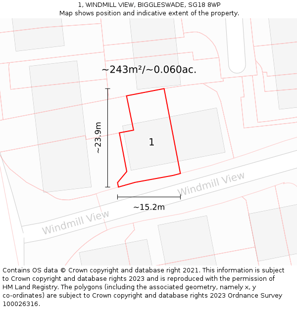 1, WINDMILL VIEW, BIGGLESWADE, SG18 8WP: Plot and title map