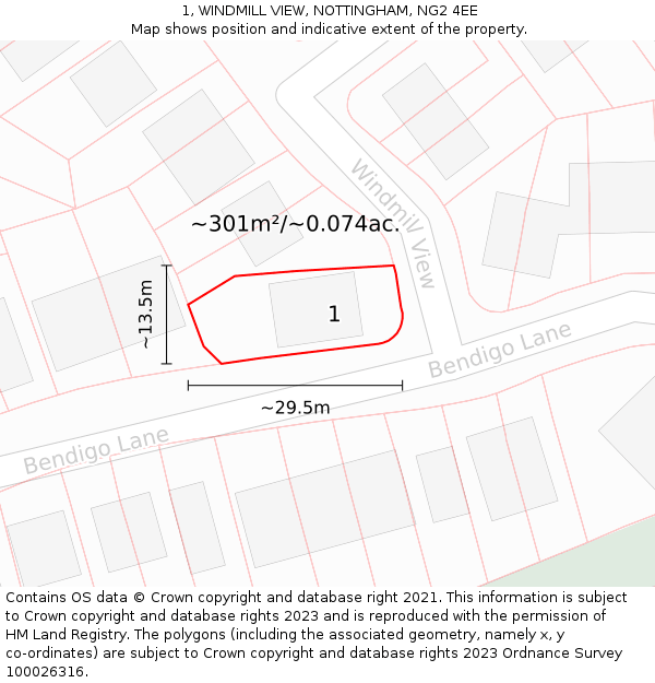 1, WINDMILL VIEW, NOTTINGHAM, NG2 4EE: Plot and title map