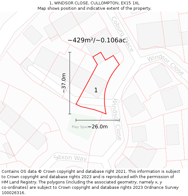 1, WINDSOR CLOSE, CULLOMPTON, EX15 1XL: Plot and title map