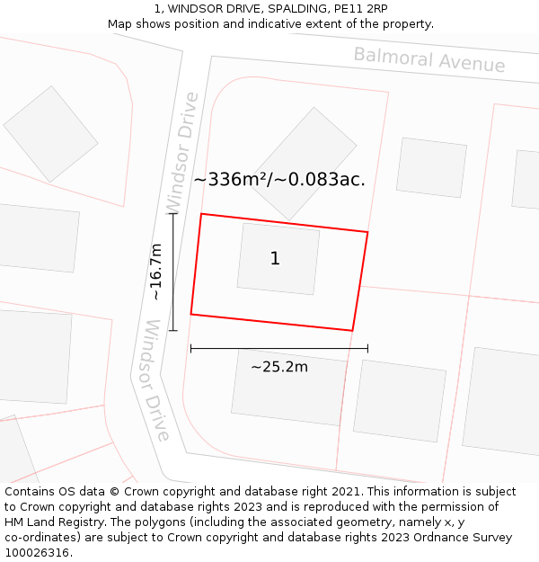 1, WINDSOR DRIVE, SPALDING, PE11 2RP: Plot and title map