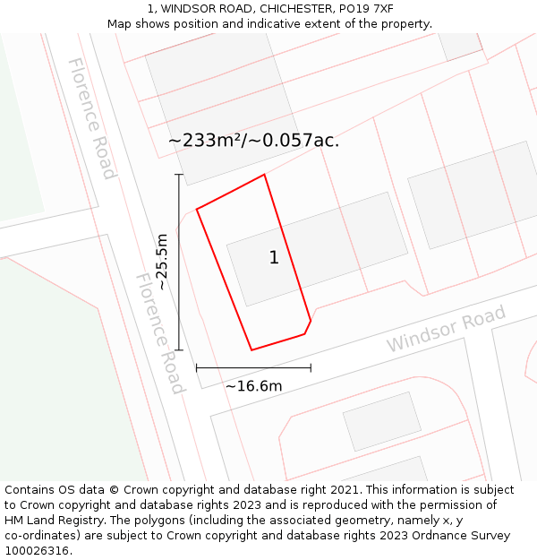 1, WINDSOR ROAD, CHICHESTER, PO19 7XF: Plot and title map