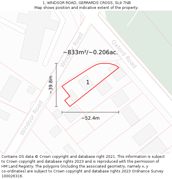 1, WINDSOR ROAD, GERRARDS CROSS, SL9 7NB: Plot and title map