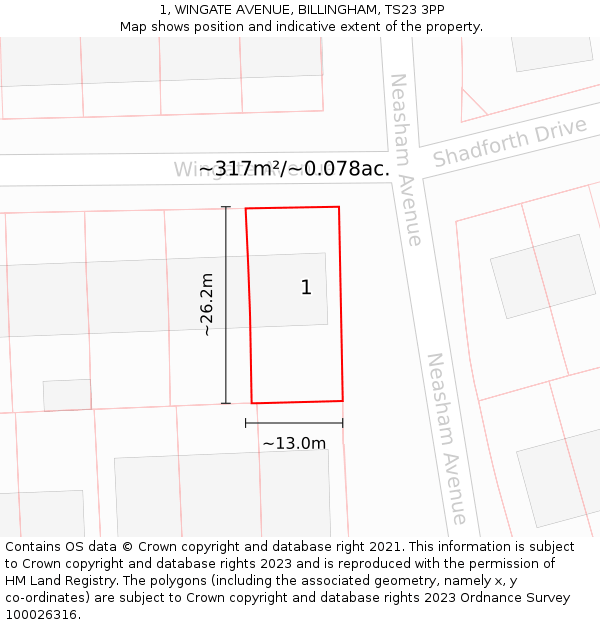 1, WINGATE AVENUE, BILLINGHAM, TS23 3PP: Plot and title map