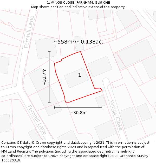 1, WINGS CLOSE, FARNHAM, GU9 0HE: Plot and title map