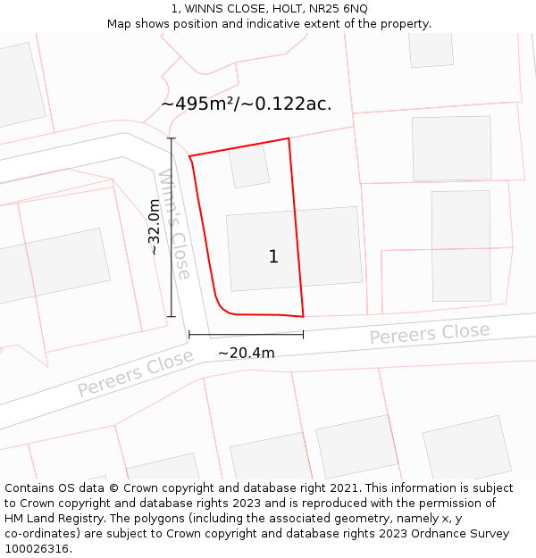 1, WINNS CLOSE, HOLT, NR25 6NQ: Plot and title map