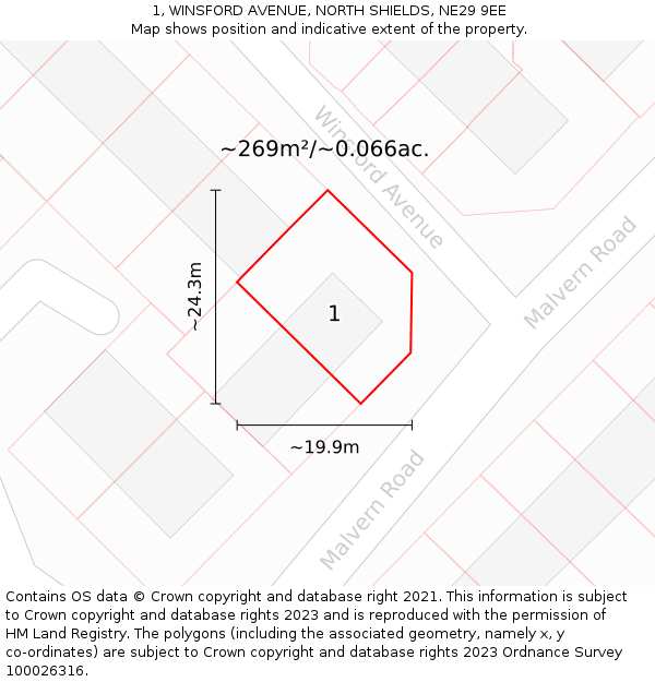 1, WINSFORD AVENUE, NORTH SHIELDS, NE29 9EE: Plot and title map