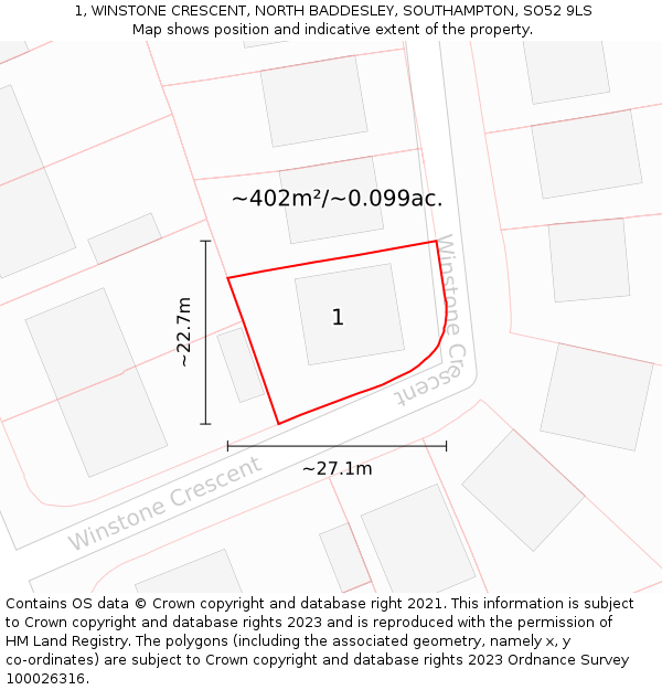 1, WINSTONE CRESCENT, NORTH BADDESLEY, SOUTHAMPTON, SO52 9LS: Plot and title map