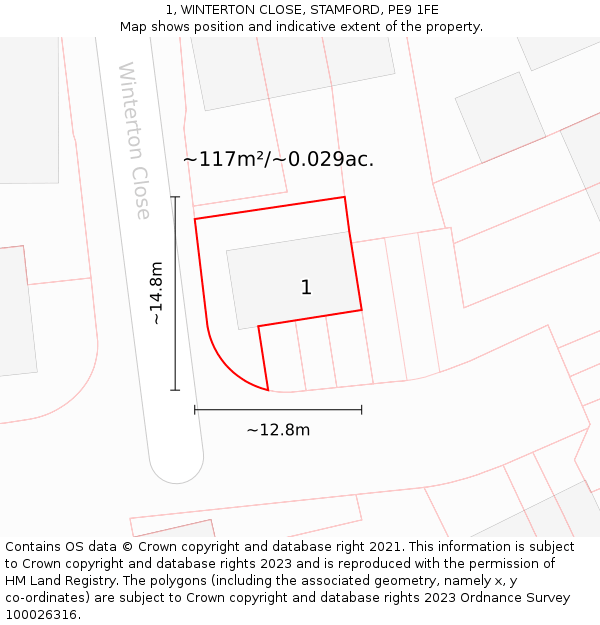 1, WINTERTON CLOSE, STAMFORD, PE9 1FE: Plot and title map