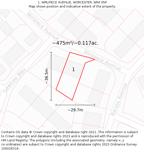 1, WIRLPIECE AVENUE, WORCESTER, WR4 0NF: Plot and title map
