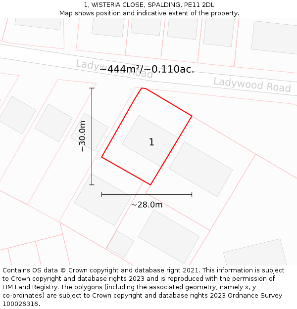 1, WISTERIA CLOSE, SPALDING, PE11 2DL: Plot and title map