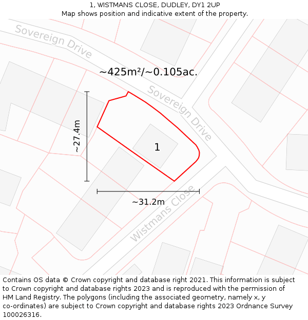 1, WISTMANS CLOSE, DUDLEY, DY1 2UP: Plot and title map