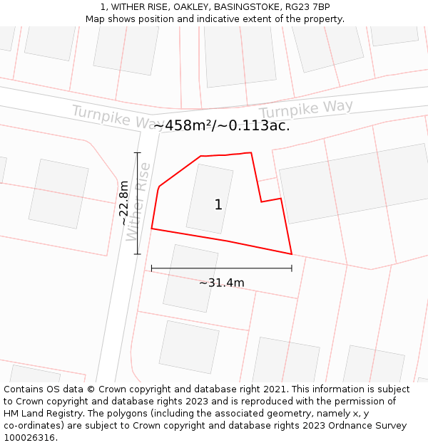 1, WITHER RISE, OAKLEY, BASINGSTOKE, RG23 7BP: Plot and title map