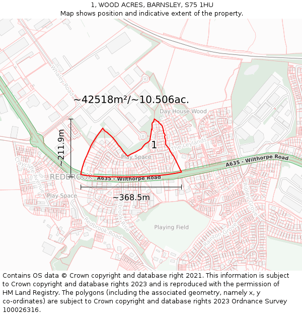 1, WOOD ACRES, BARNSLEY, S75 1HU: Plot and title map