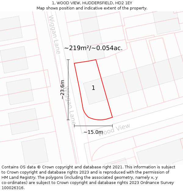 1, WOOD VIEW, HUDDERSFIELD, HD2 1EY: Plot and title map