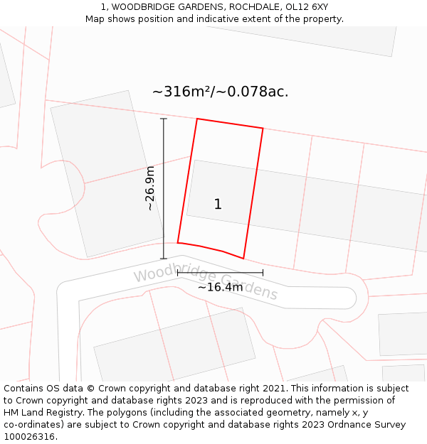 1, WOODBRIDGE GARDENS, ROCHDALE, OL12 6XY: Plot and title map