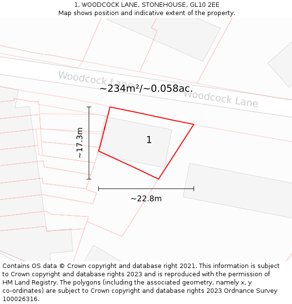 1, WOODCOCK LANE, STONEHOUSE, GL10 2EE: Plot and title map