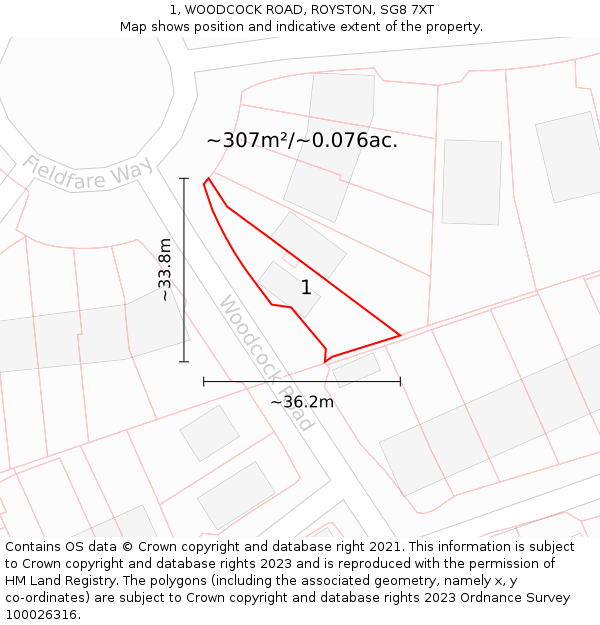 1, WOODCOCK ROAD, ROYSTON, SG8 7XT: Plot and title map