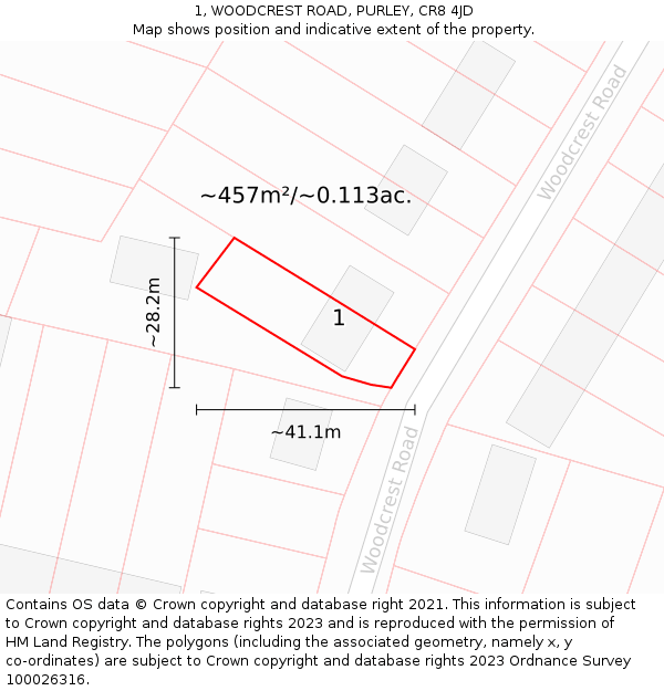 1, WOODCREST ROAD, PURLEY, CR8 4JD: Plot and title map