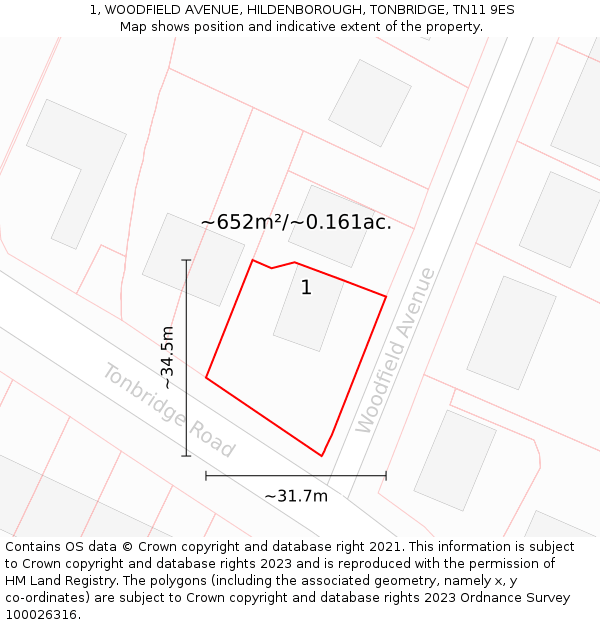 1, WOODFIELD AVENUE, HILDENBOROUGH, TONBRIDGE, TN11 9ES: Plot and title map