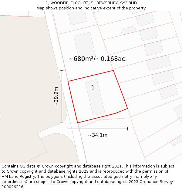1, WOODFIELD COURT, SHREWSBURY, SY3 8HD: Plot and title map