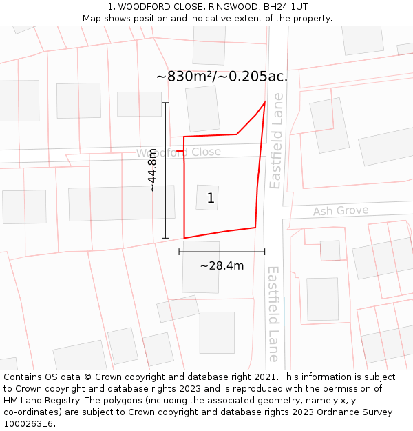 1, WOODFORD CLOSE, RINGWOOD, BH24 1UT: Plot and title map