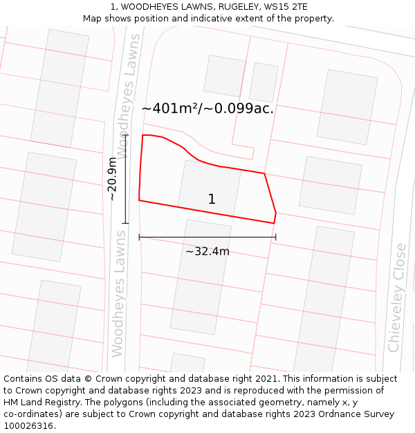 1, WOODHEYES LAWNS, RUGELEY, WS15 2TE: Plot and title map