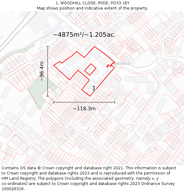 1, WOODHILL CLOSE, RYDE, PO33 1EY: Plot and title map