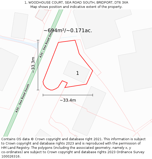 1, WOODHOUSE COURT, SEA ROAD SOUTH, BRIDPORT, DT6 3XA: Plot and title map