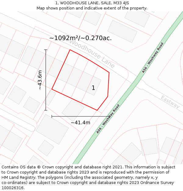 1, WOODHOUSE LANE, SALE, M33 4JS: Plot and title map