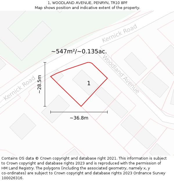 1, WOODLAND AVENUE, PENRYN, TR10 8PF: Plot and title map