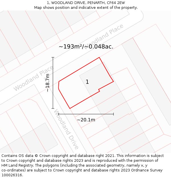 1, WOODLAND DRIVE, PENARTH, CF64 2EW: Plot and title map