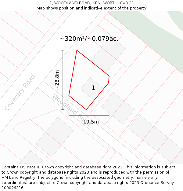 1, WOODLAND ROAD, KENILWORTH, CV8 2FJ: Plot and title map