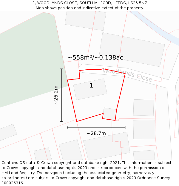 1, WOODLANDS CLOSE, SOUTH MILFORD, LEEDS, LS25 5NZ: Plot and title map