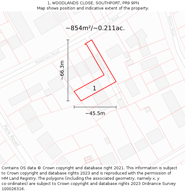 1, WOODLANDS CLOSE, SOUTHPORT, PR9 9PN: Plot and title map