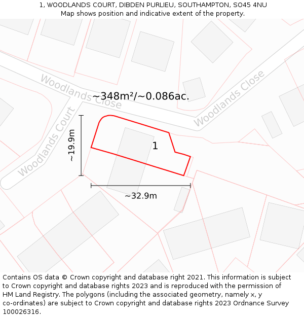 1, WOODLANDS COURT, DIBDEN PURLIEU, SOUTHAMPTON, SO45 4NU: Plot and title map