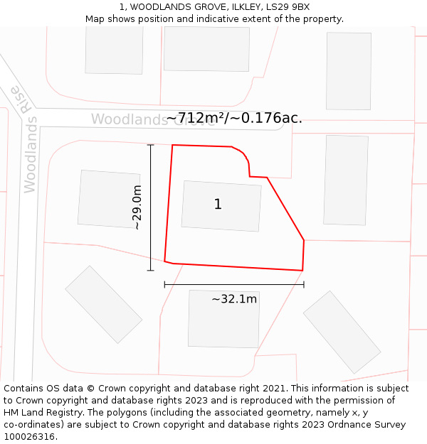 1, WOODLANDS GROVE, ILKLEY, LS29 9BX: Plot and title map