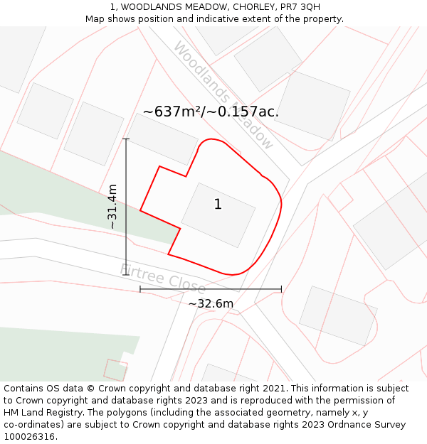 1, WOODLANDS MEADOW, CHORLEY, PR7 3QH: Plot and title map