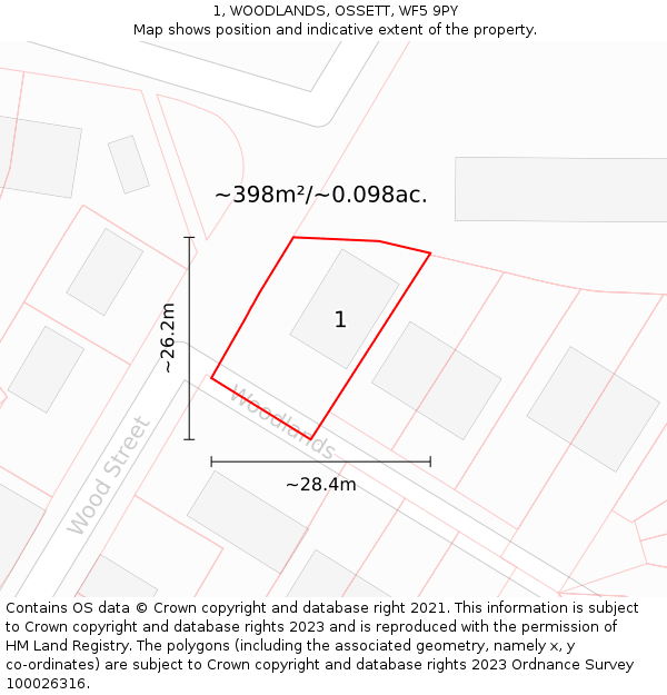 1, WOODLANDS, OSSETT, WF5 9PY: Plot and title map