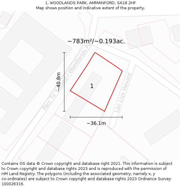 1, WOODLANDS PARK, AMMANFORD, SA18 2HF: Plot and title map