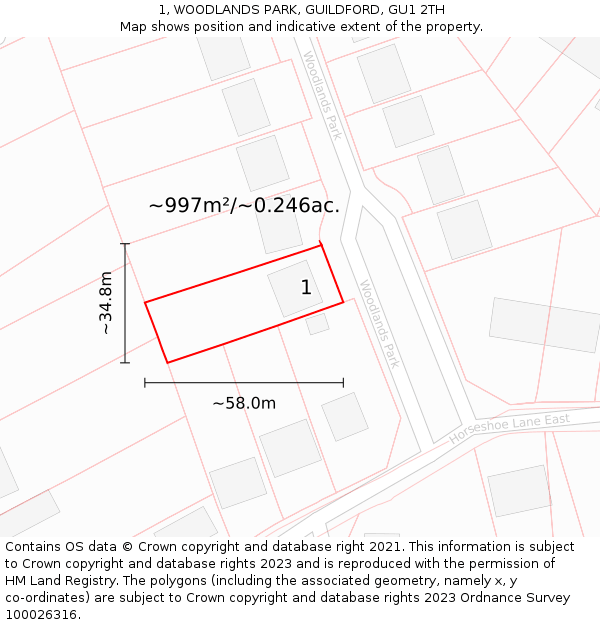 1, WOODLANDS PARK, GUILDFORD, GU1 2TH: Plot and title map