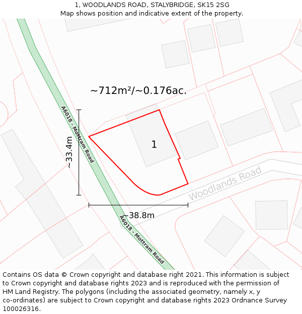 1, WOODLANDS ROAD, STALYBRIDGE, SK15 2SG: Plot and title map