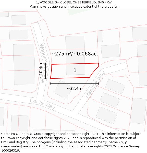 1, WOODLEIGH CLOSE, CHESTERFIELD, S40 4XW: Plot and title map