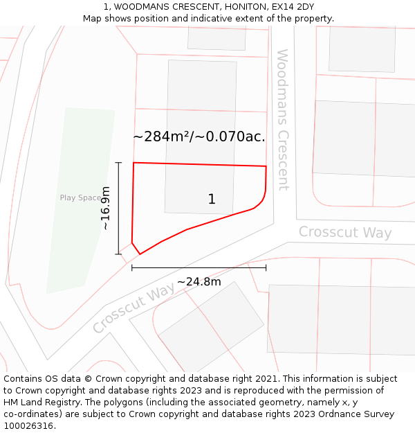 1, WOODMANS CRESCENT, HONITON, EX14 2DY: Plot and title map